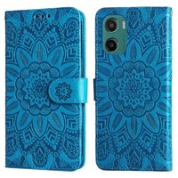 Funda Tipo Cartera Foxdock Para Motorola Moto E15 , Diseño Girasol En Relieve, Cuero Pu, Cierre Magnético, Soporte Y Tarjetero