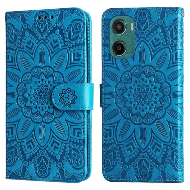 Funda tipo cartera FOXDOCK para Motorola Moto E15 , diseño girasol en relieve, cuero PU, cierre magnético, soporte y tarjetero
