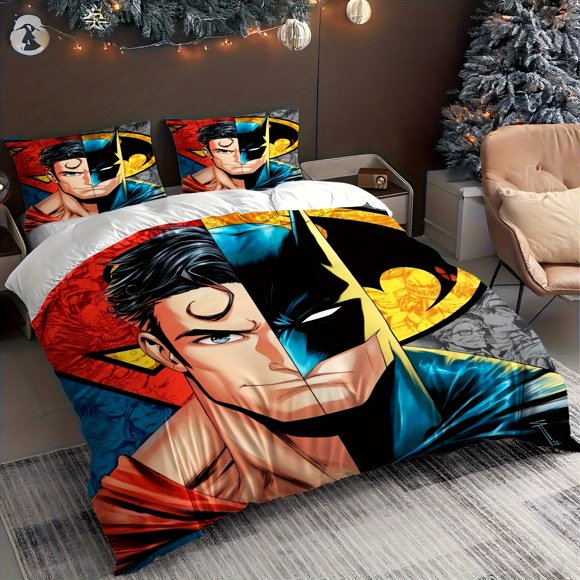 Justice League Superman & Batman Classic Comic Style Hero Theme Innovative Cartoon Duvet Cover for Single/Double Bed 1 Duvet Cover + 1/2 Pillowcases Soft Light