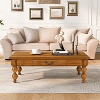 M&Ms - Rectangular Wooden Coffee Table With Storage Drawer, Vintage Cocktail Table With Solid Wood Gourd-Shaped Legs For Living Room,No-Tools Assembly (Natrual)