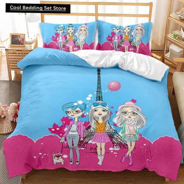 x1799 Bed SheetsGirl Duvet Cover Set Pink Fashion Girl Sister Flowers Bedding Set Kids Girls Theme Size Polyester Qulit Cover 3-Piece Bedding Set (1 Duvet Cover + 2 Pillow Shams) nj1799