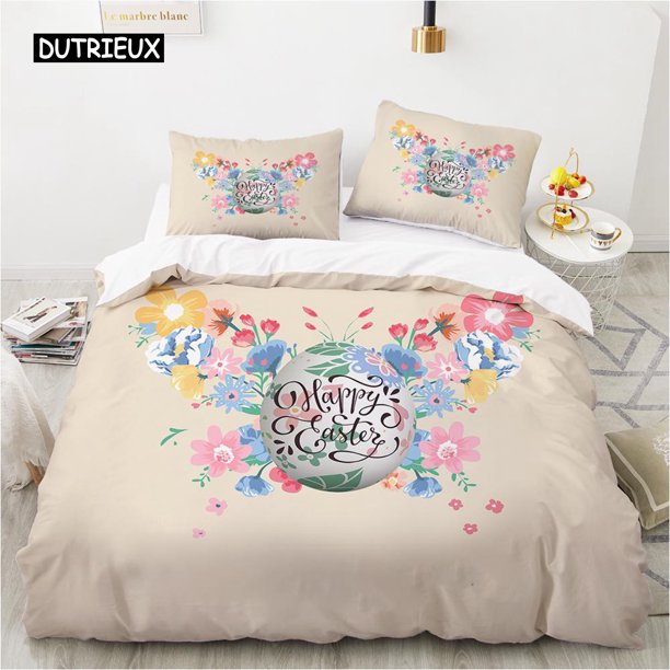x1223 Bed SheetsEaster Egg Duvet Cover Set Microfiber Blue Egg Cute Rabbit Bedding Set for Boy Girl Cartoon Style Easter Theme Quilt Cover 3-Piece Bedding Set (1 Duvet Cover + 2 Pillow Shams) nj1223