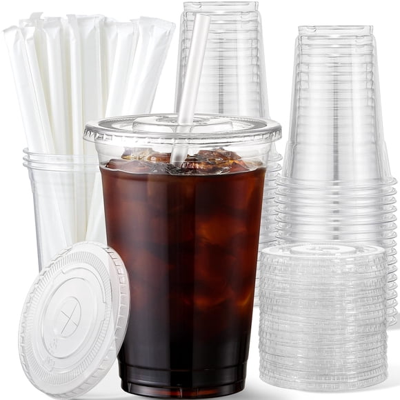 Vasos de plástico AOZITA de 500 ml con tapas y pajitas, paquete de 50 unidades, 16 oz, transparentes