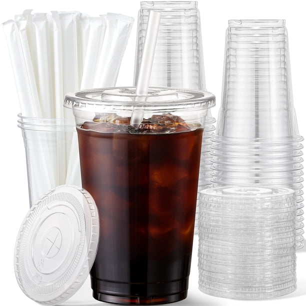Vasos de plástico AOZITA de 500 ml con tapas y pajitas, paquete de 50 unidades, 16 oz, transparentes