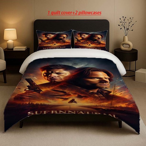 Winchester Brothers Supernatural Battle Flame Background Poster Pattern Bedding Set Soft and Comfortable Suitable for All Seasons
