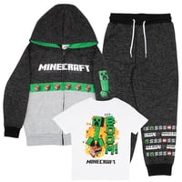 Conjunto De 3 Piezas Para Niños Minecraft: Sudadera Con Capucha, Camiseta Y Pantalones Gris Talla 8