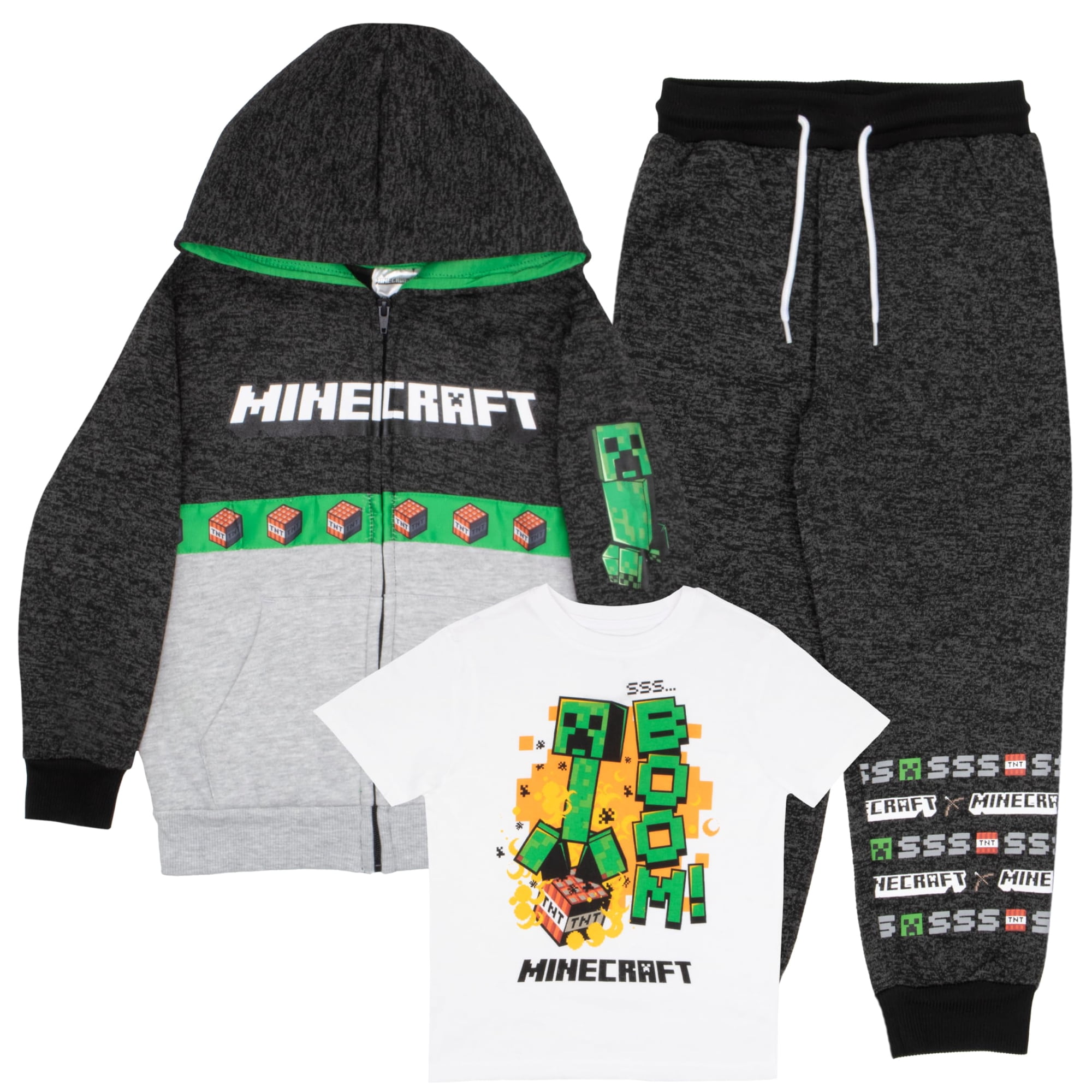 Conjunto De 3 Piezas Para Niños Minecraft: Sudadera Con Capucha, Camiseta Y Pantalones Jogger Gris Talla 10/12