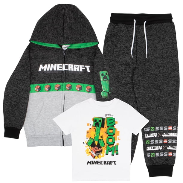 Conjunto de 3 Piezas para Niños Minecraft: Sudadera con Capucha, Camiseta y Pantalones Jogger Gris Talla 10/12