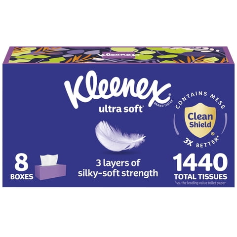 Pañuelos Faciales Kleenex Ultra Soft De 3 Capas, 180 Pañuelos X 8 Cajas
