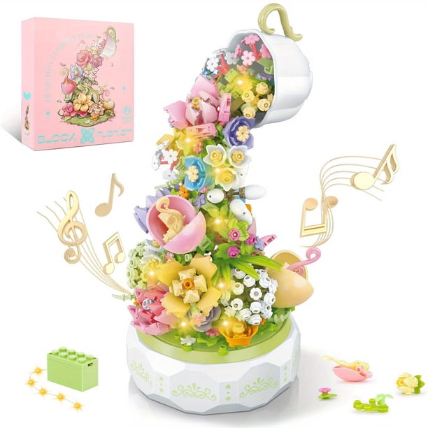 575pcs Building Blocks Teacup Flower Lantern Music Box Building Blocks Children's Toys Creative Plant Decoration Gifts, Building Flowers Suitable For Mother's Day, Valentine's Day And Birthday Gifts