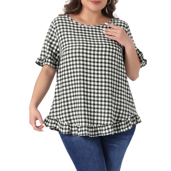 Agnes Orinda Blusas de Cuadros Informales con Botón Trasero, Cuello Redondo y Mangas con Volantes para Mujer de Talla Grande, Estilo Escolar Universitario de los Años 50, 4X Negro