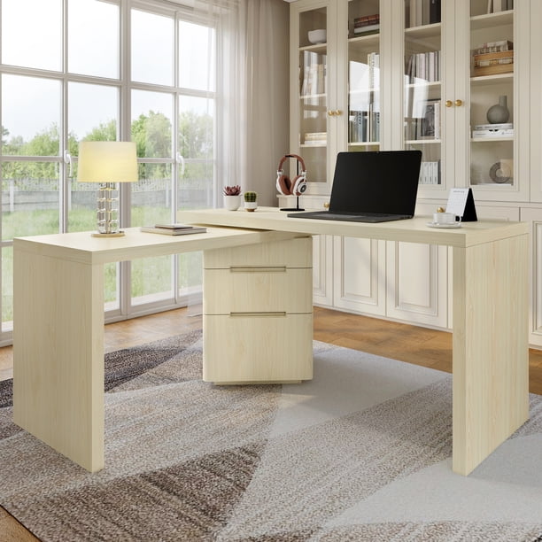 90" Modern L Shaped Desk in Natural Wood with 3 Drawers,360° Wood Rotating Desk,Executive Office Desk,Corner Desk,Office Study Workstation,for Home Office or Living Room