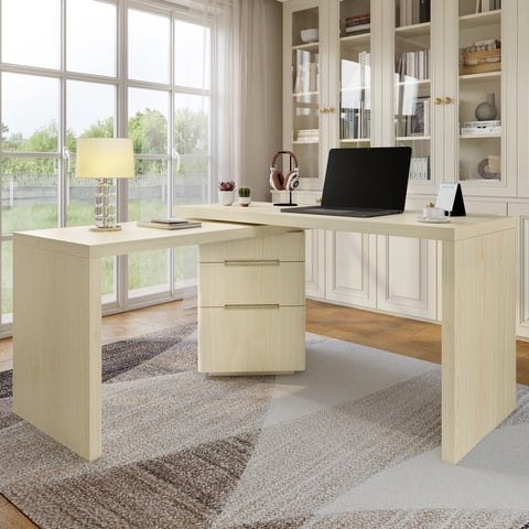 M&Ms - 90"" Modern L Shaped Desk In Natural Wood With 3 Drawers,360° Wood Rotating Desk,Executive Office Desk,Corner Desk,Office Study Workstation,For Home Office Or Living Room