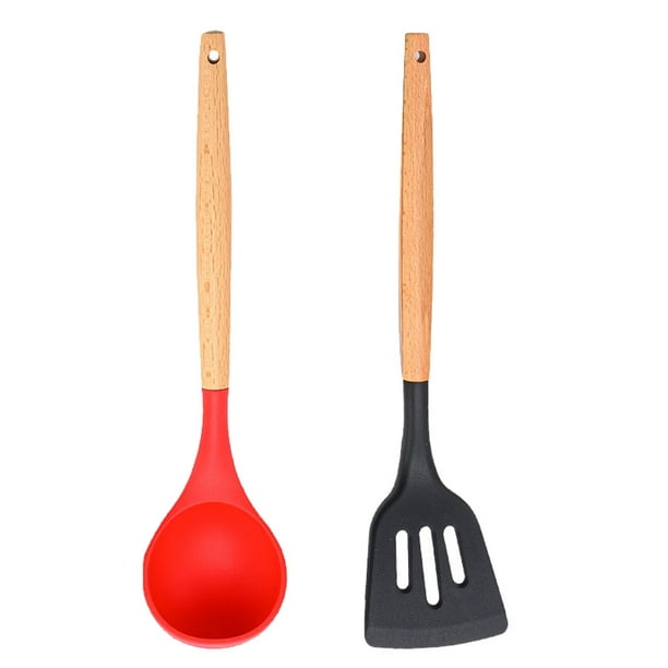 Juego de 2 utensilios de cocina de silicona y madera de bambú - Juego de utensilios de silicona - Utensilios de silicona para cocinar