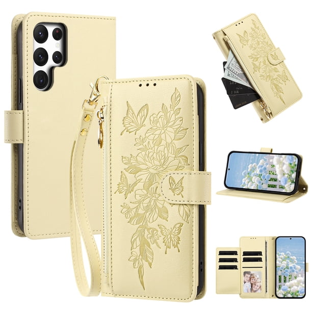 Funda Billetera Floral en Relieve samsung galaxy S24 Ultra con Tarjetero y Cremallera Blanco