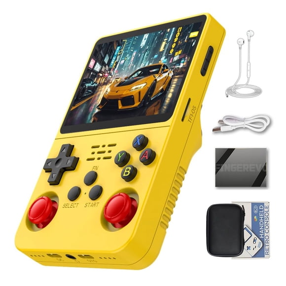 Consola de juegos FINGEREVO R36S amarilla con estuche