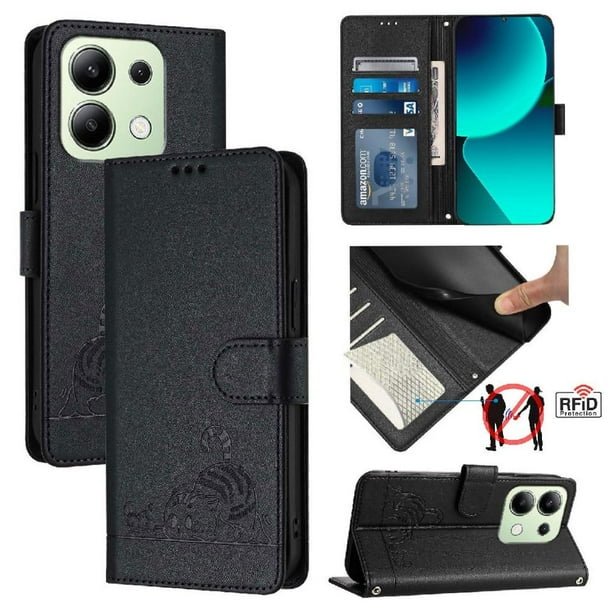 Funda tipo cartera FOXDOCK para Xiaomi Redmi NOTE 13 4G con soporte, ranuras, RFID, diseño de gato