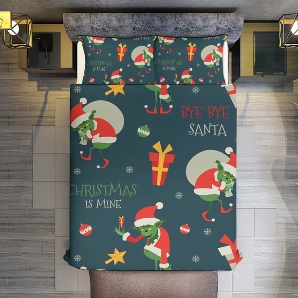 Merry Christmas Grinch 3 Pieces Duvet Cover Set Full Size Super Soft Fade Resistant Microfiber