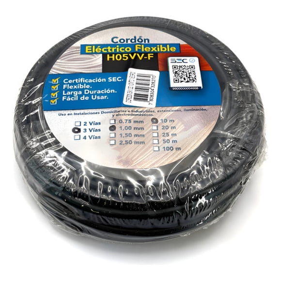 Cable Cordón Eléctrico Sil Flexible 3x1mm2 10m Negro Sec
