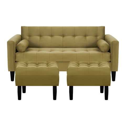 Bodevir - Sofa Retro 3C + 2 Pouf Felpa 00 Verde Musgo