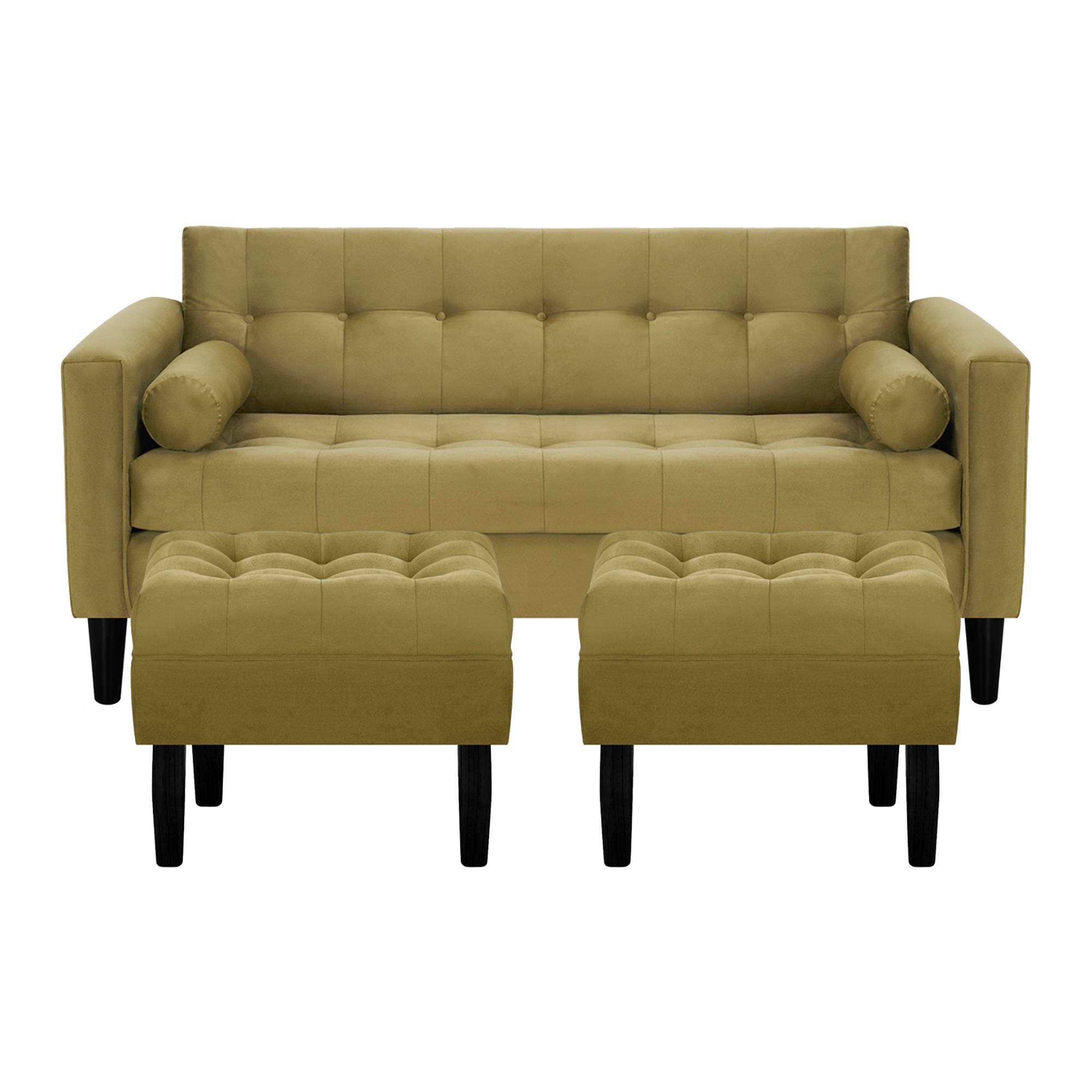 Bodevir - Sofa Retro 3C + 2 Pouf Felpa 00 Verde Musgo