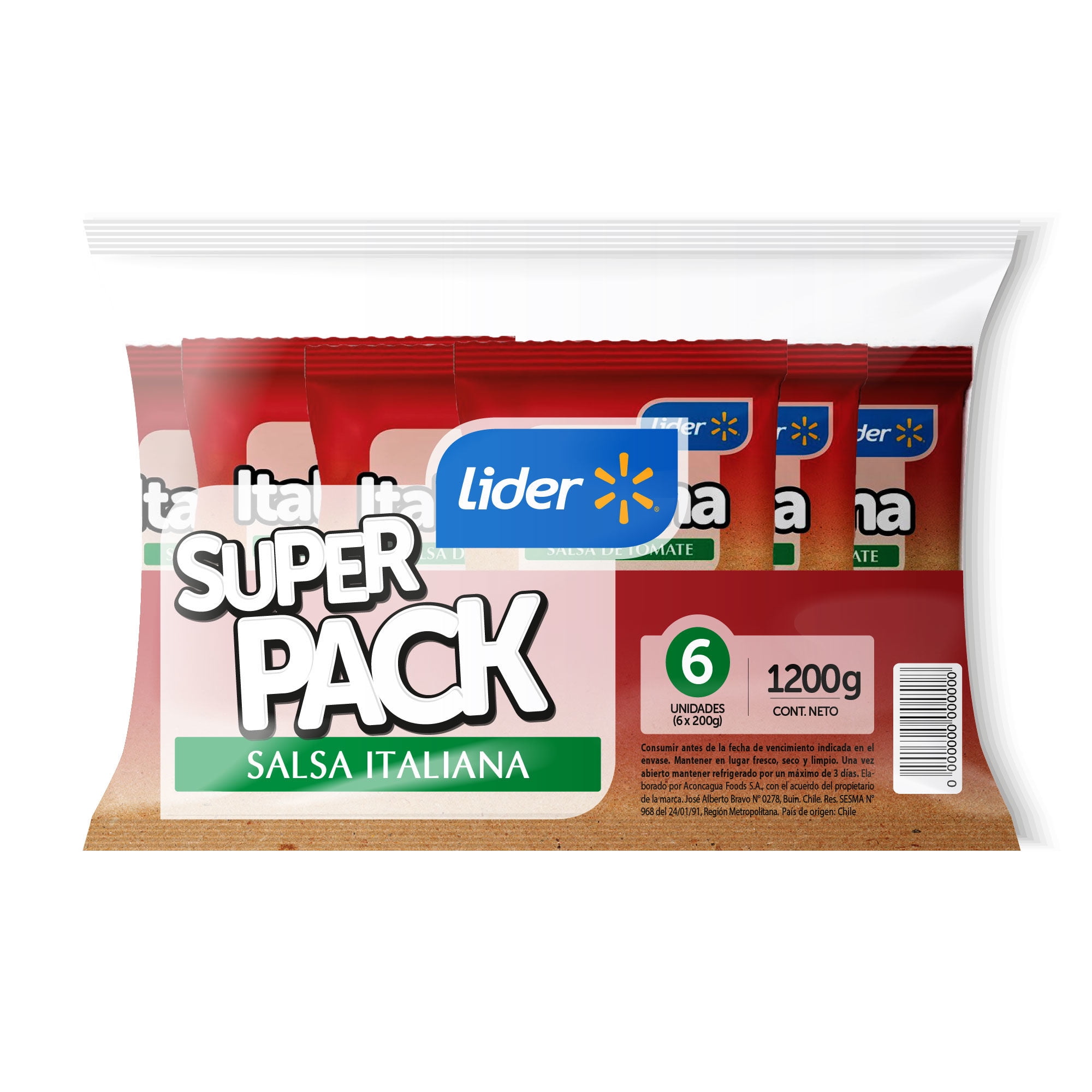 Salsa De Tomate Italiana Pack 6 Un Bolsa 1200 g Lider