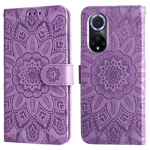 Funda tipo cartera FOXDOCK para Huawei Nova 9 , diseño girasol en relieve, cuero PU, cierre magnético, soporte y tarjetero