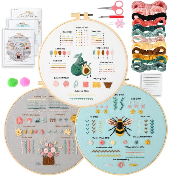 Kit de bordado para principiantes adultos: Kit de 3 bordados, incluye patrones estampados