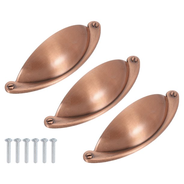 Tiradores de Cajón, 3Pcs 2-1/2" - Tiradores de Copa Cepillados de Aleación de Zinc con Tornillos, Manijas de Hardware para Gabinetes Tiradores de Concha para Baño Cocina (Bronce Rojo)
