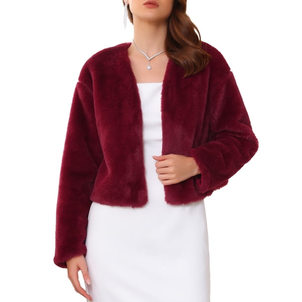 INSPIRE CHIC Chaqueta Bolero Formal para Mujeres para Vestidos de Noche Cóctel Boda Elegante Chaqueta de Imitación de Piel M Burdeos