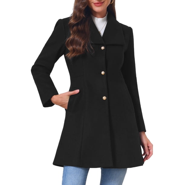 INSPIRE CHIC Abrigo Elegante de Mujer con Botonadura Simple, Manga Larga, Abrigo de Invierno Cálido, Solapa, Línea A, Abrigo de Trabajo para Oficina, Talla L, Negro