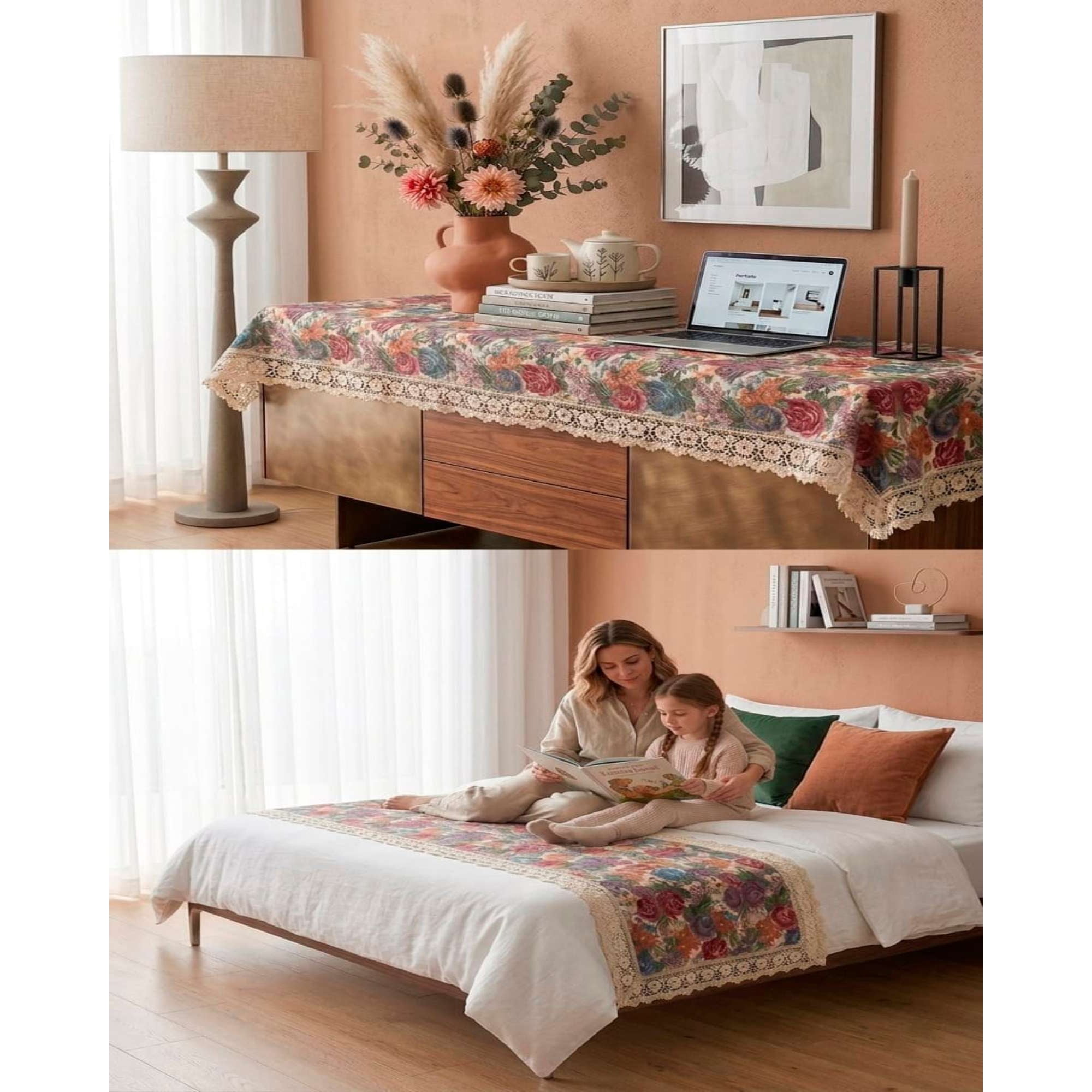 Mylhogar - Piecera De Cama Estampado Natural Chic Con Encaje 80x200cm