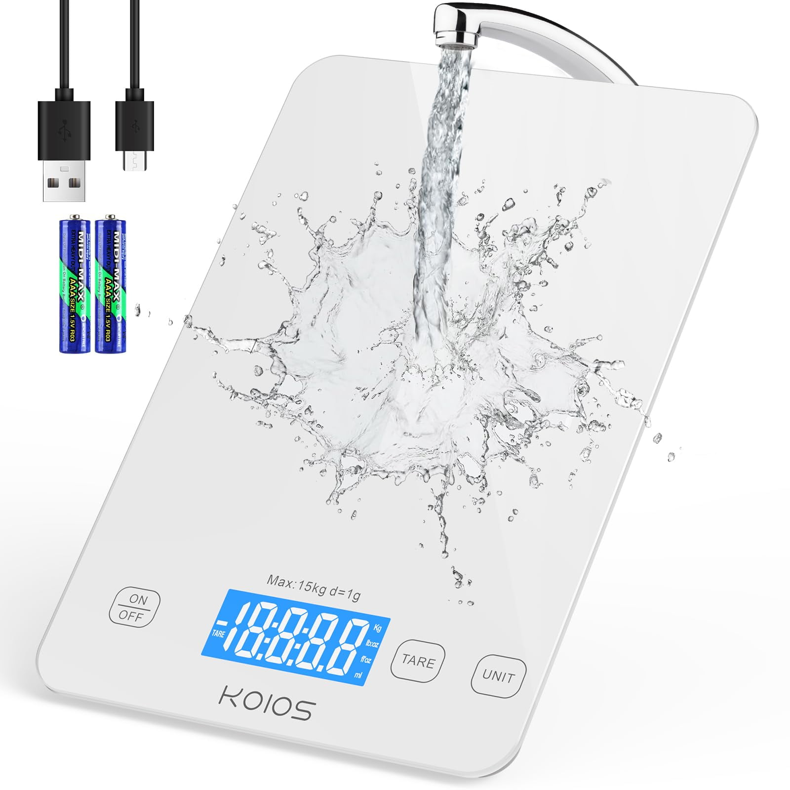 Báscula De Cocina Koios K7h Digital Para Alimentos Con Pantalla Lcd, 15 Kg/33 Libras, Color Blanco