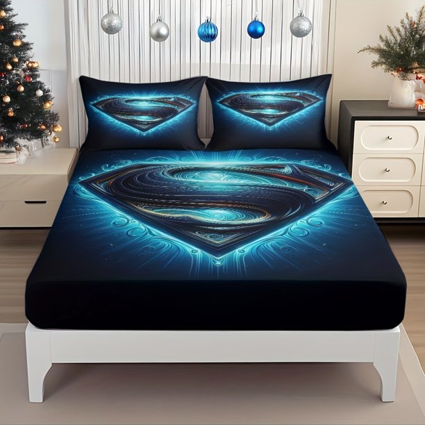 Fitted Sheet Set Superman Logo Blue Light Symbolizing The Eternal Theme Pattern of Strength And Hope Mattress Protector Elastic Design Bed Sheet Perfectly Fits