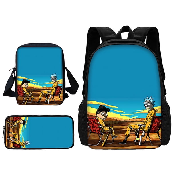 3 pcs set Funny M-mortys Cartoon R-ricks School Bag For Boy Girls with Shoulder Bags Pencil box Cartoon Backpack for Child