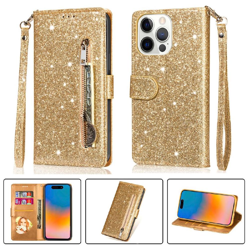Foxdock - Funda Para Elegante Funda Iphone 15 Pro Glitter Con Cremallera-Ideal Para El Uso Diario