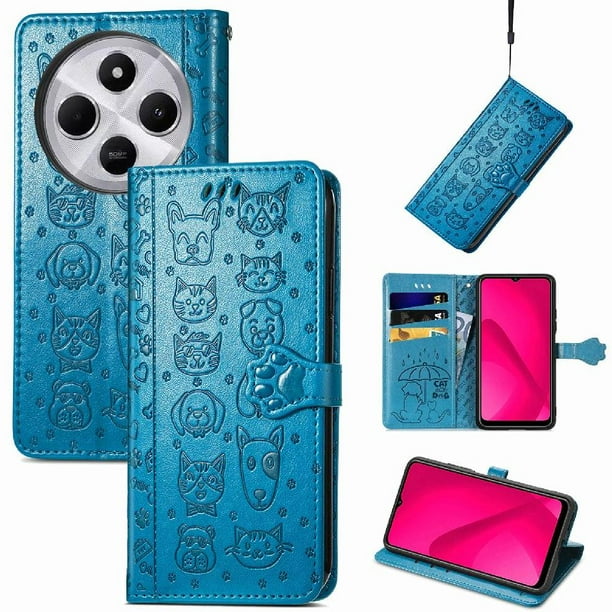 Funda Cartera FOXDOCK para Xiaomi Redmi 14C , Flip PU con Relieve de Gatos y Perros, Tarjetero y Soporte