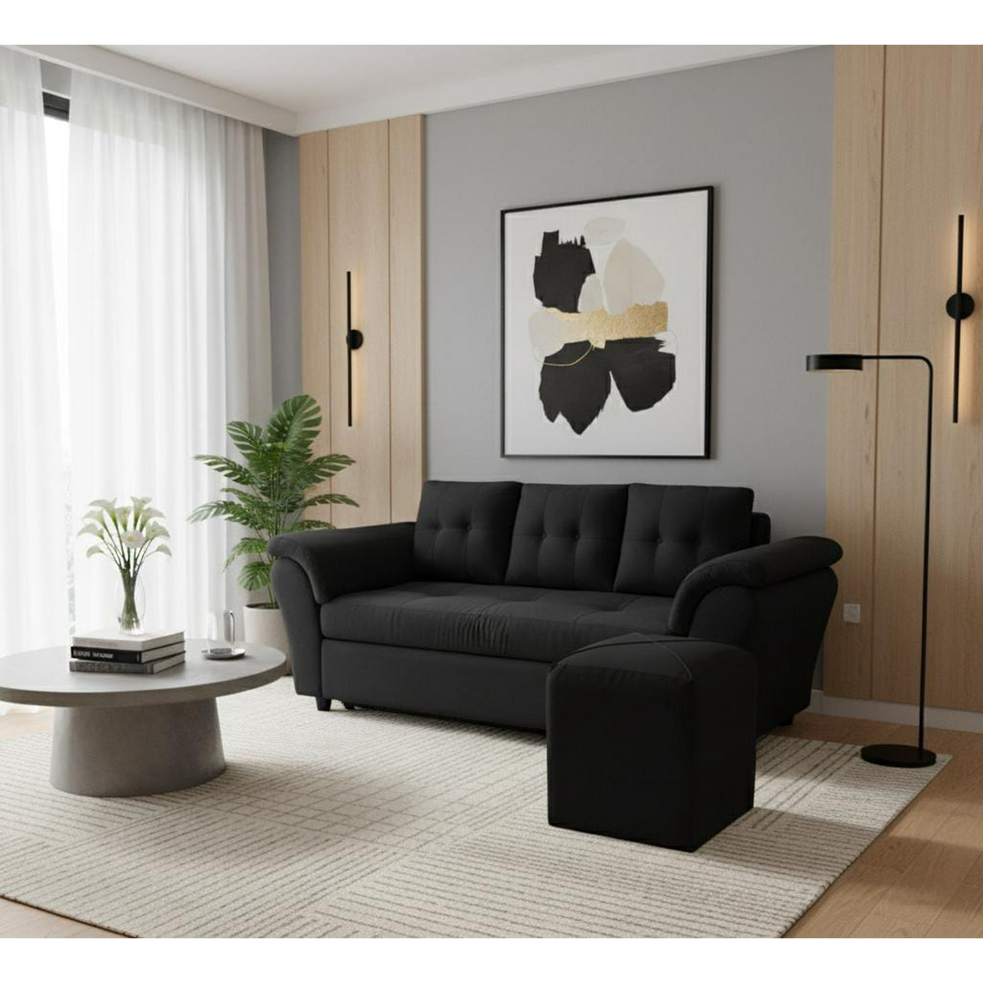 Mueblesjd - Sofá New Sira + Puff Felpa Negro