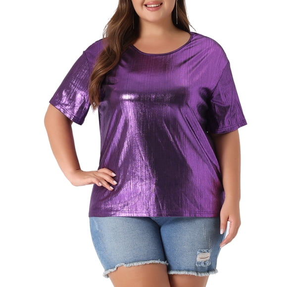 Agnes Orinda Ropa de Halloween para Mujeres de Talla Grande Tops Escolares Universitarios Blusas de Fiesta de Manga Corta Metálica Holográfica 1X Púrpura
