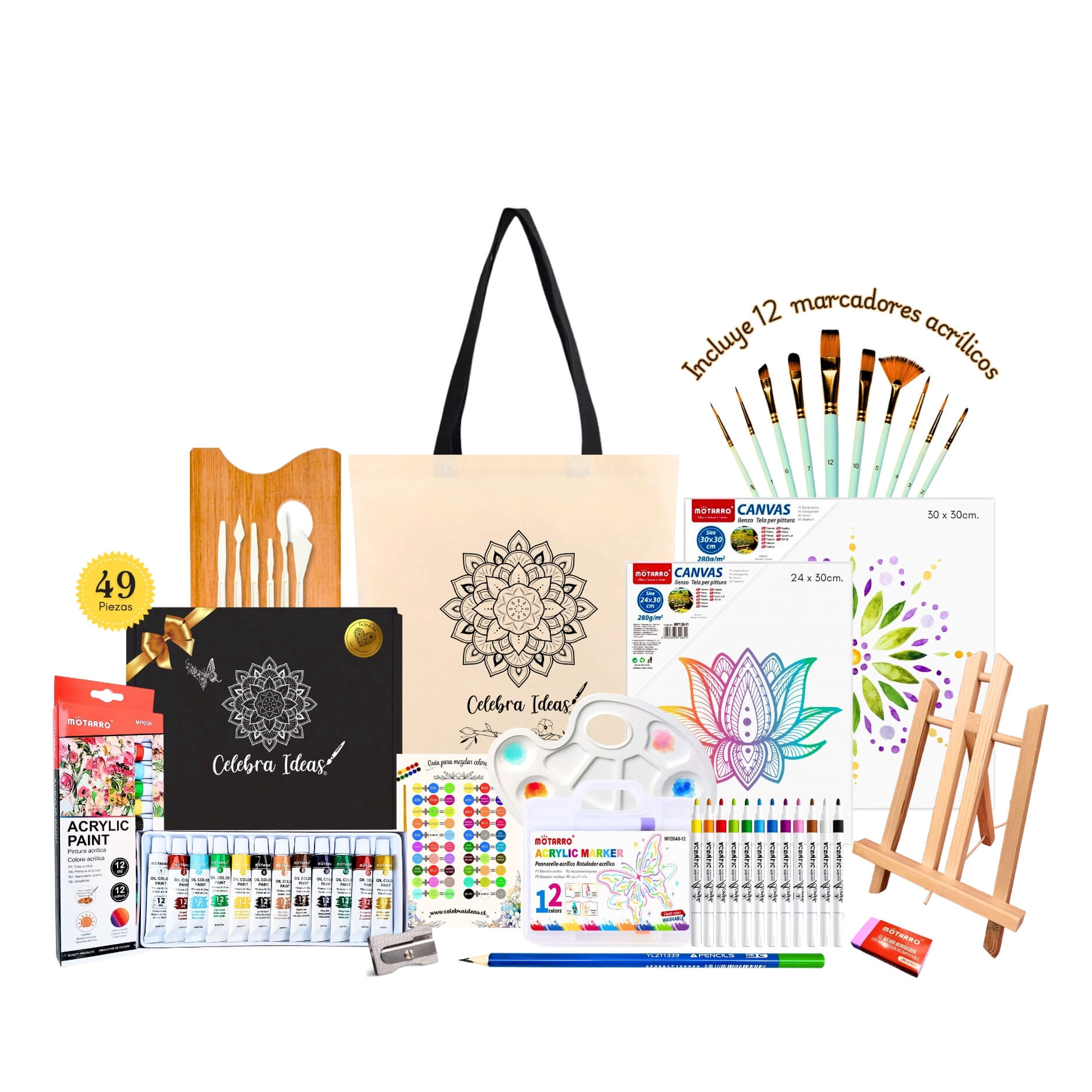 Celebra Ideas - Set Kit De Arte Pinturas Acrílicas Con Marcadores Acrílicos Y Lienzos 49 Piezas