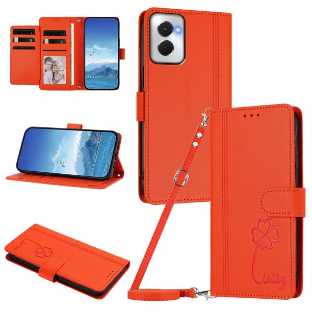 Funda Cartera Trébol para Motorola Moto G Power 2024 5G con Ranuras Tarjetas y Carga Inalámbrica Naranja