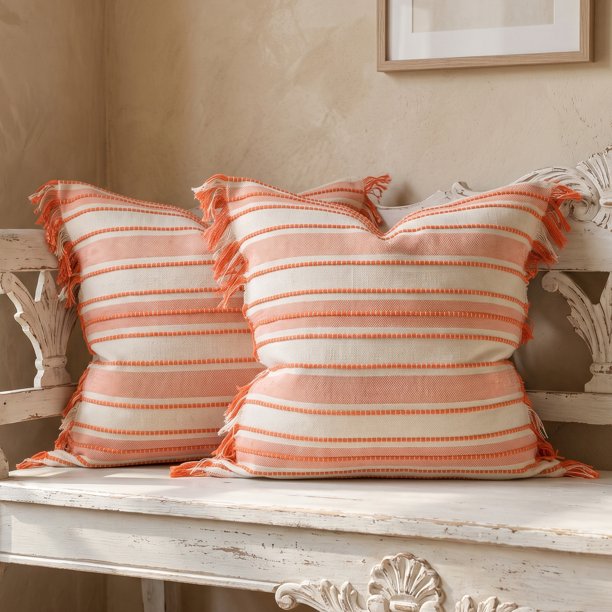 REGALWOVEN Fundas de Cojín Boho a Rayas Juego de 2 con Borlas para Decoración del Hogar Naranja 18 x 18 Pulgadas
