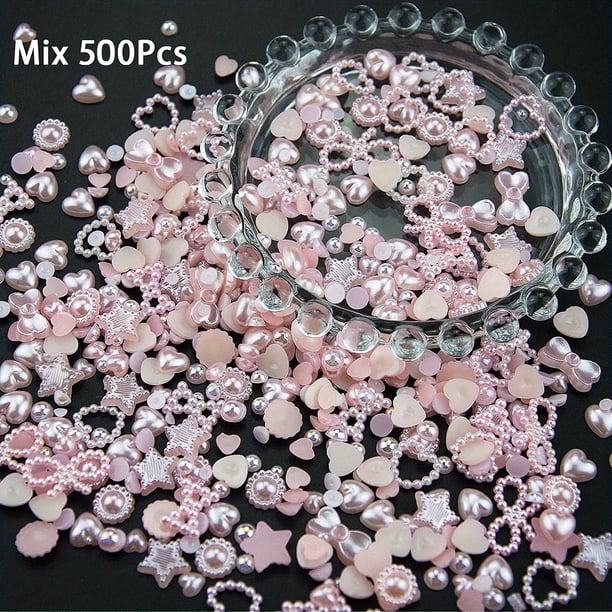 500 Pcs Half White Pearls Heart Nail Beads Charms Mixed Sizes Spring Summer Flatback ABS Heart Assorted Pearls Heart Beads 3D Nail Art Charms Material Embellishments For Nail Art DIY Crafts Accessorie