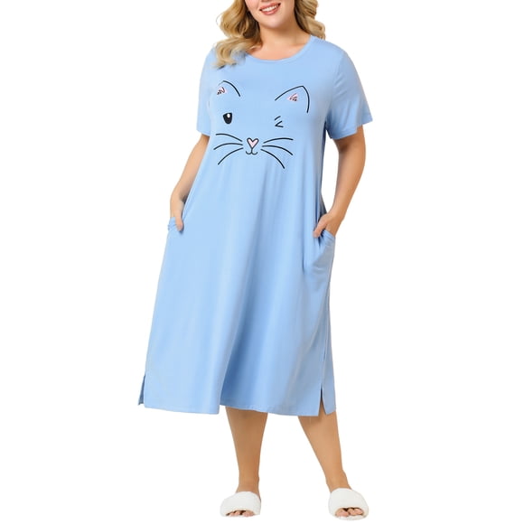 Agnes Orinda Camisones de Talla Grande para Mujer Cuello Redondo Mangas Cortas Vestido de Dormir Estampado de Gatos Pijamas para Casa con Bolsillo 3X Azul Claro