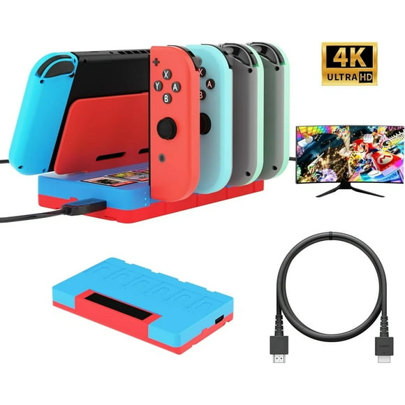 Base de carga portátil compatible con Nintendo Switch/Switch OLED - Incluye base de carga para 4 Joycons, adaptador para TV, soporte para cable HDMI 4K-Rojo Azul