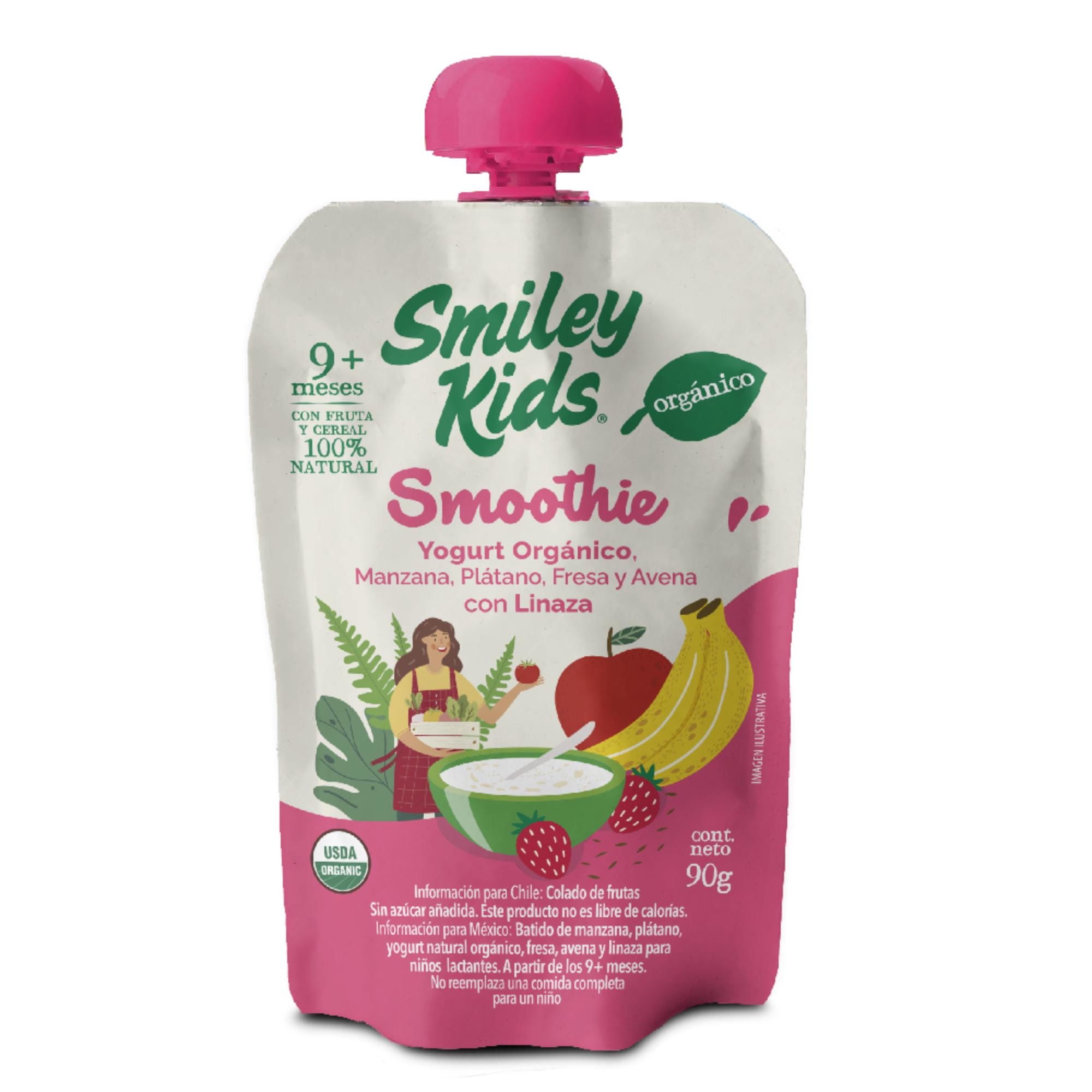Yogurt Smoothie Orgánico Sabor Platano, Manzana, Fresa Y Avena Con Linaza g ml Smiley Kids