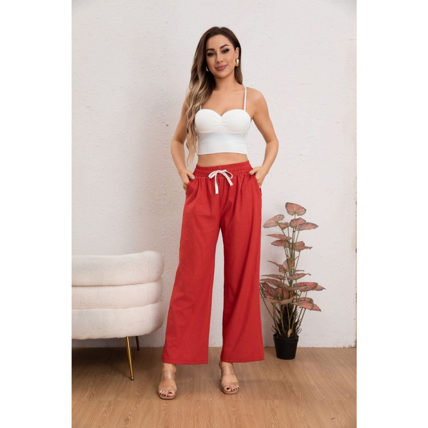 Likeshop - Pantalón Mujer Casual Recto Algodón Tipo Lino Tiro Alto 7003