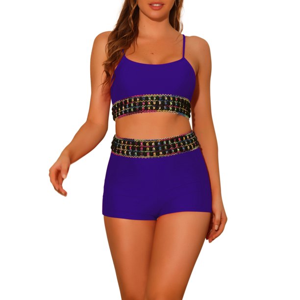 Conjuntos de Bikini de Mujer de Color Contraste 2 Piezas Traje de Baño de Cintura Alta con Cuello Redondo Pequeño Azul Oscuro Púrpura