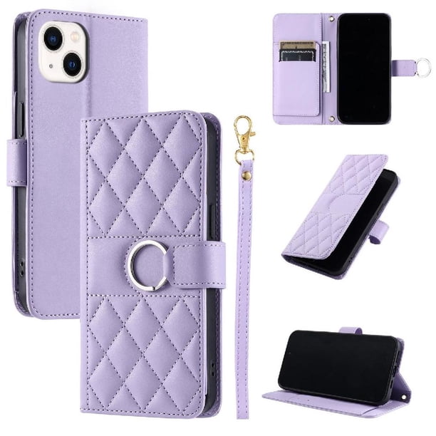 Funda Acolchada con Anilla y Correa para iPhone 15 Plus Slots para Tarjetas Morado