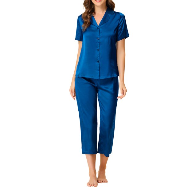 INSPIRE CHIC Conjunto de Pijama de Satén para Mujer Regreso a Clases Manga Corta Camisa Abotonada y Pantalones Capri con Cintura Elástica Ropa de Dormir Sedosa XXL Azul Oscuro